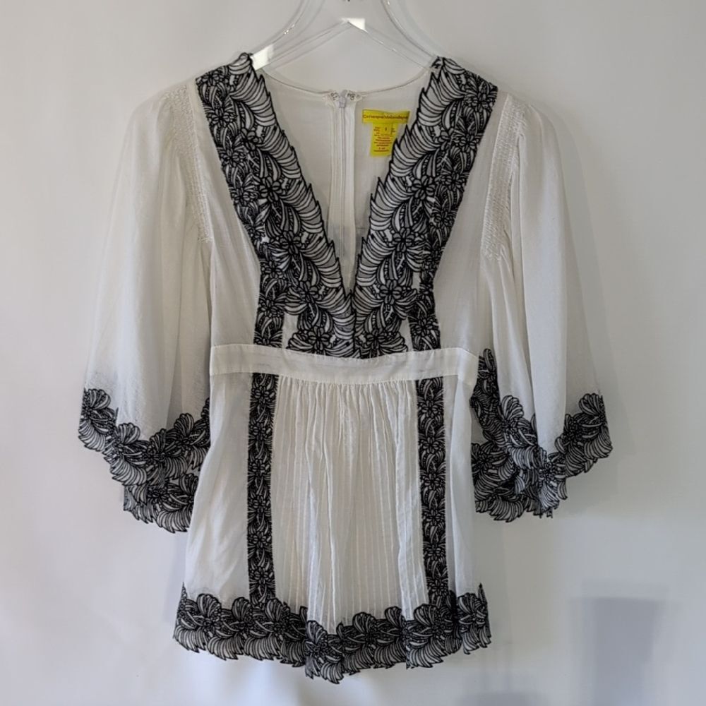 Catherine Malandrino White Blouse with Black Embroidery